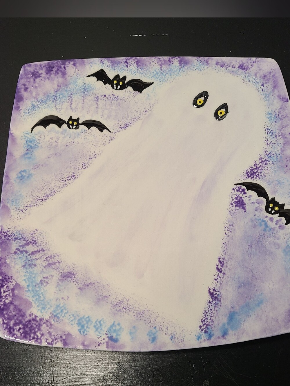 Hand Painted Halloween Ghost Plate Ceramic Serving Dish Bats Spooky Fall